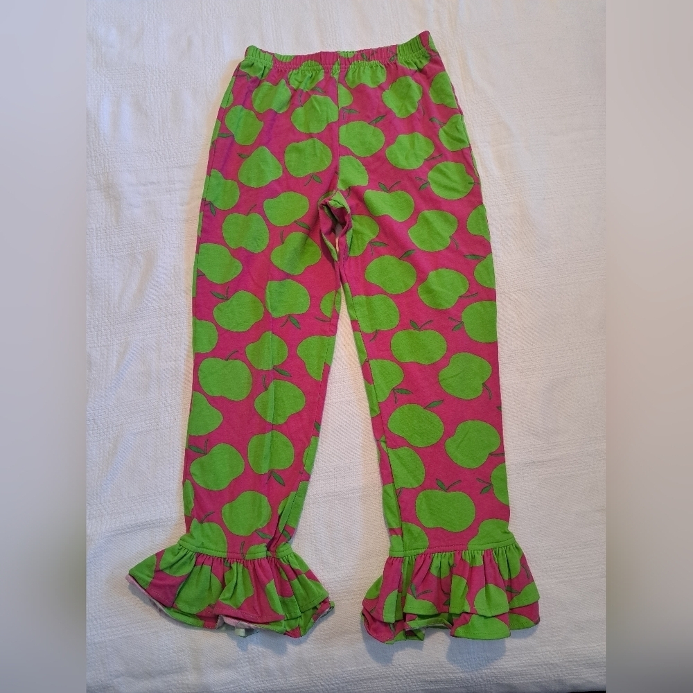 Kelly's Kids size 7 apple design pants with ruffle bottom, pink & lime EUC